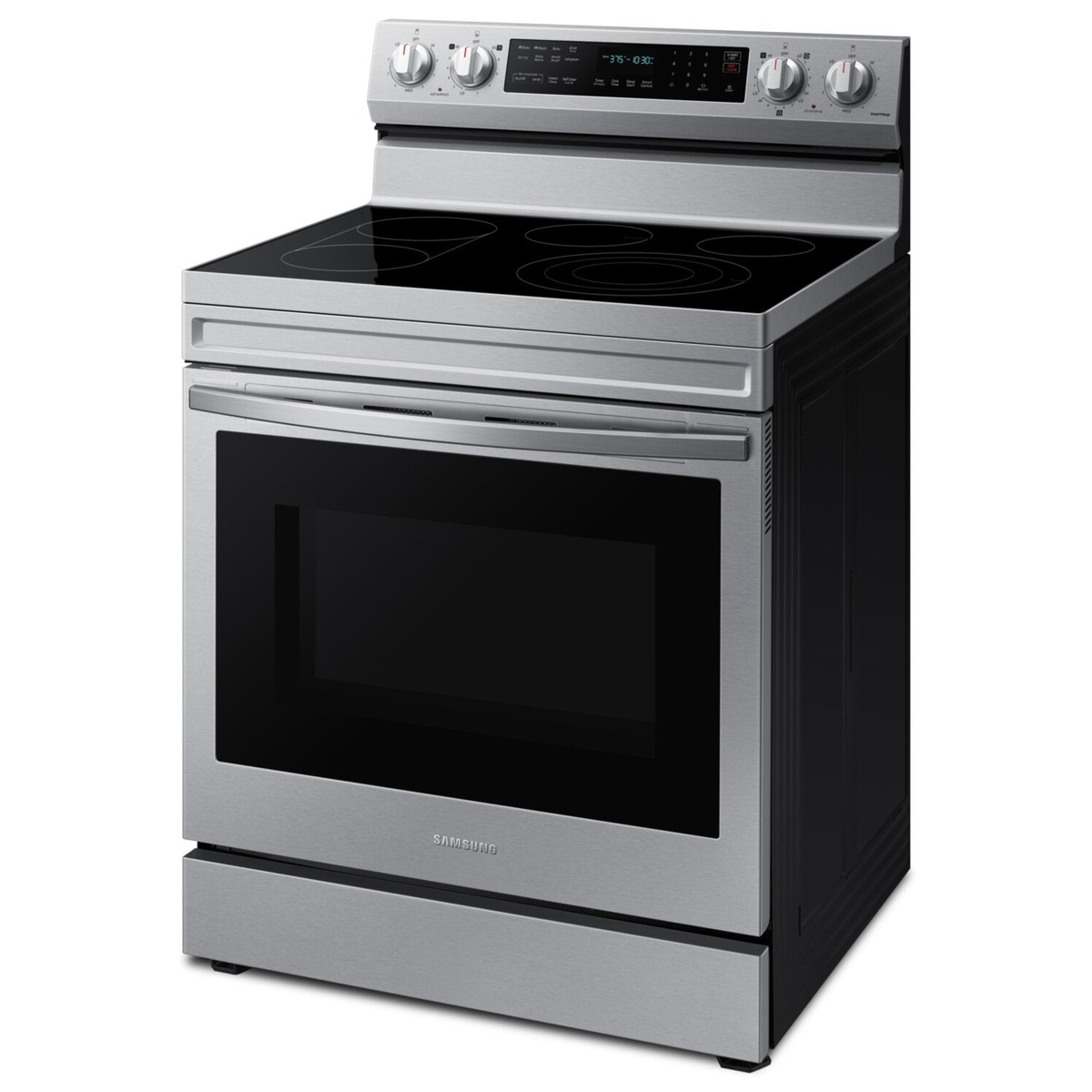 Angled view of a Samsung stainless steel freestanding electric range with smooth black glass cooktop and front oven door
