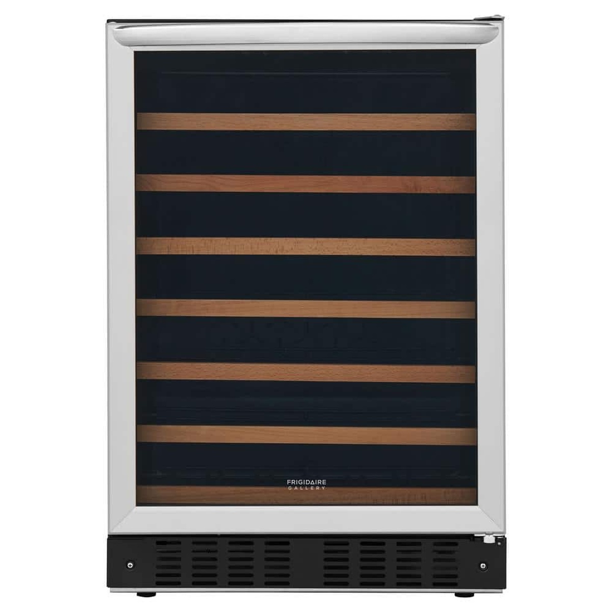 Front view of a Frigidaire Gallery undercounter wine cooler with a stainless frame, tinted glass door, and horizontal shelves