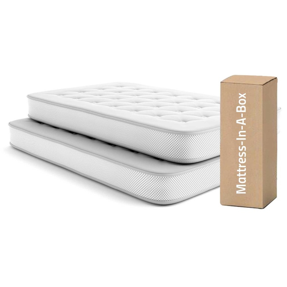 Two stacked mattresses shown beside a box labeled 'Mattress-In-A-Box'