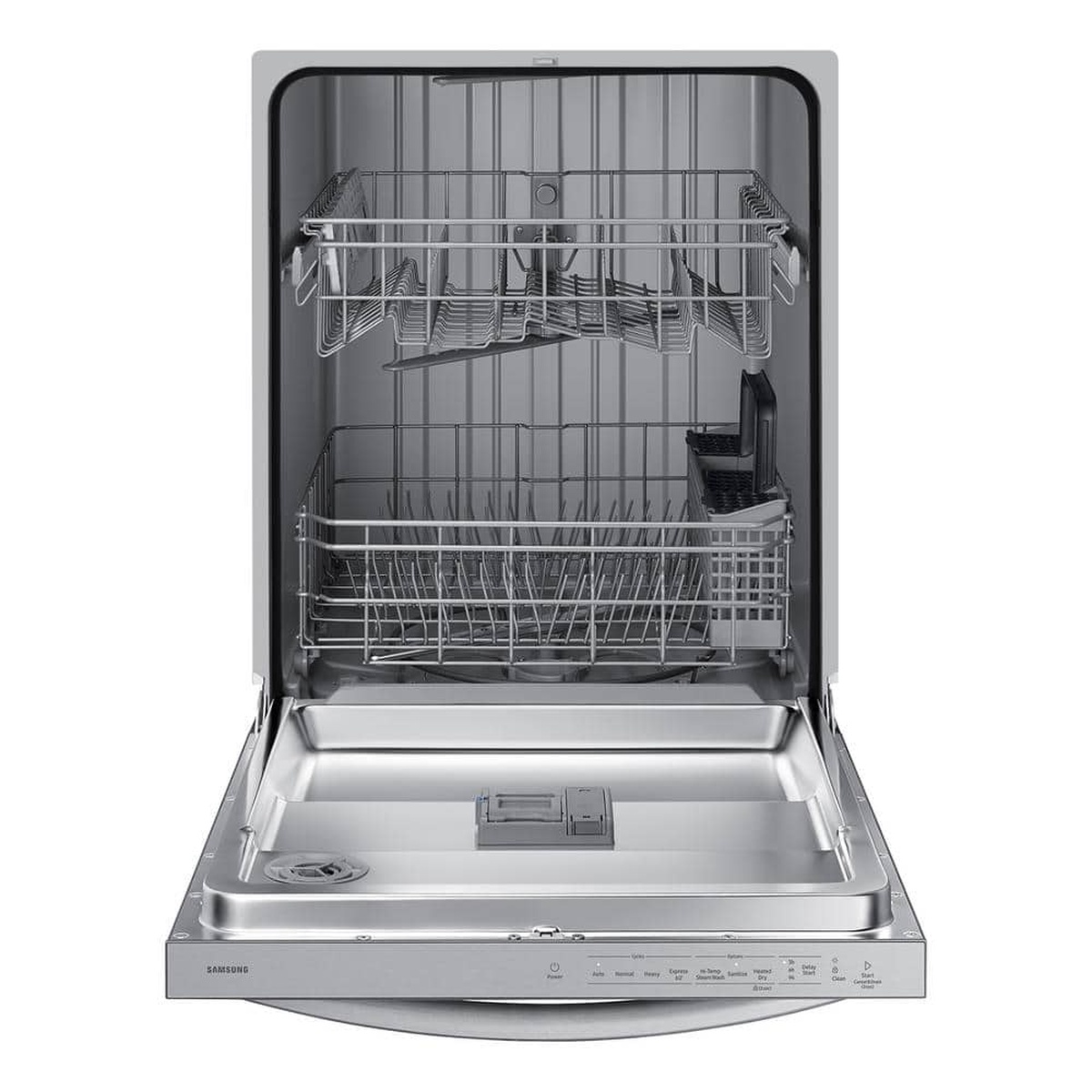 Dishwasher shown open with stainless interior and two racks visible