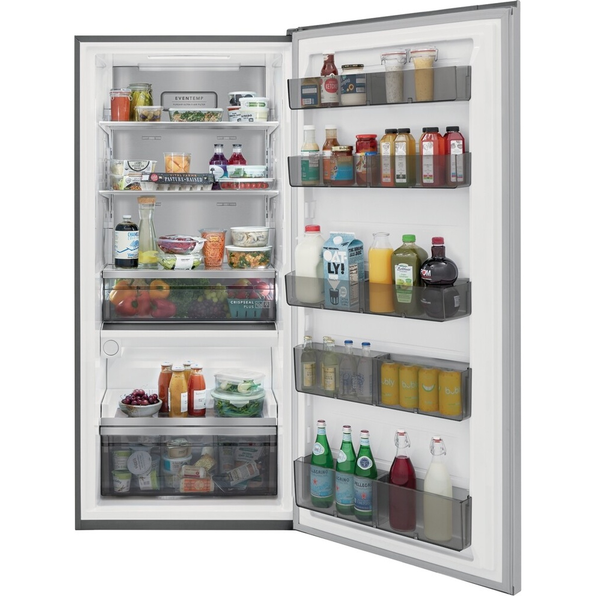 Open single-door refrigerator showing full-height shelves, CrispSeal Plus produce drawers, and multiple door bins filled with groceries