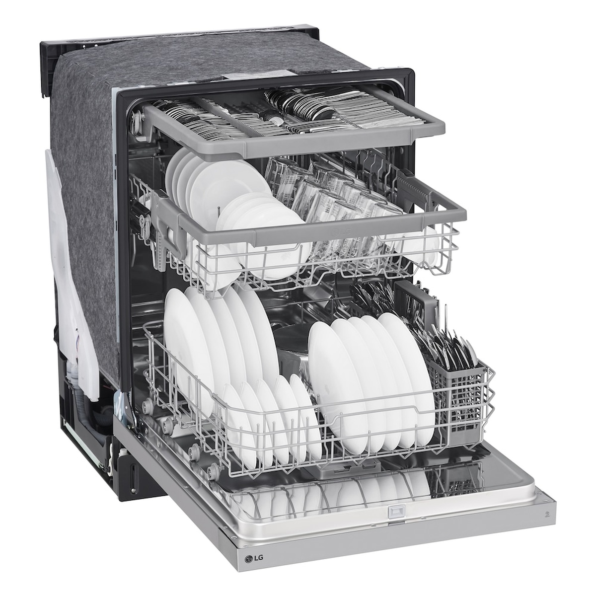 Open LG dishwasher showing third rack, upper rack, and lower rack loaded with dishes