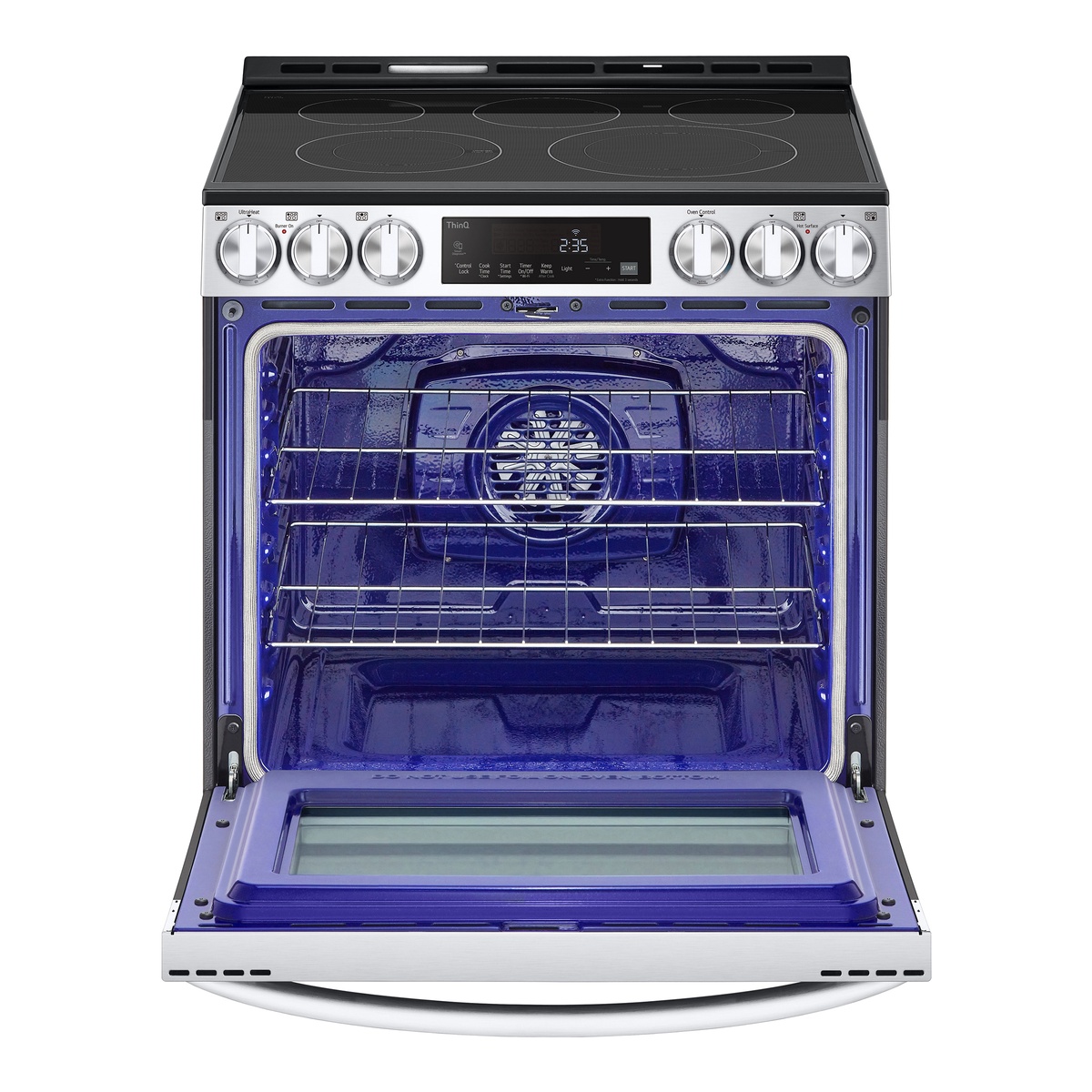 LG electric range with the oven door open, showing a blue enamel oven interior, two racks, and a rear convection fan cover