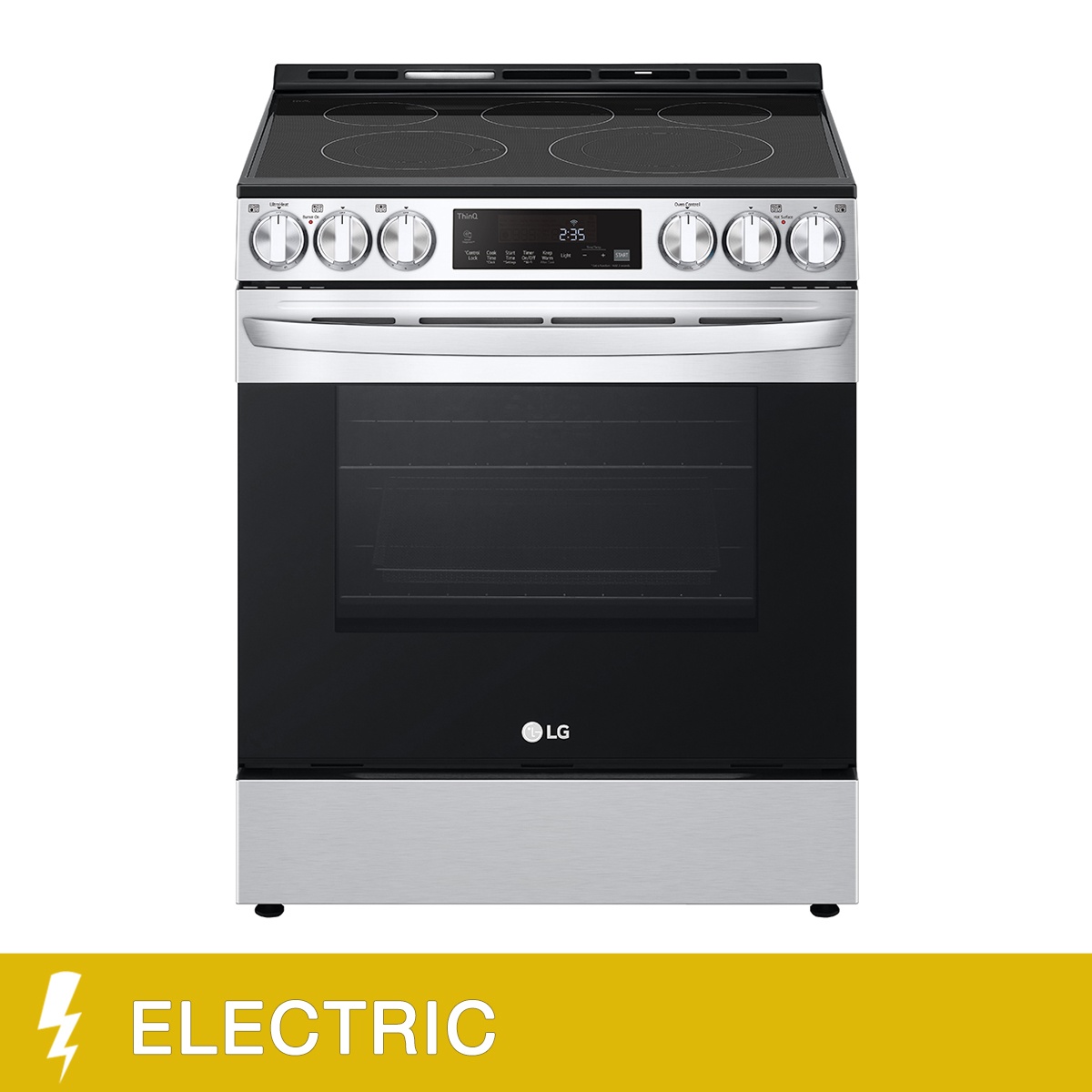 Front view of an LG electric slide-in range with smooth black glass cooktop, front knob controls, and a central digital display