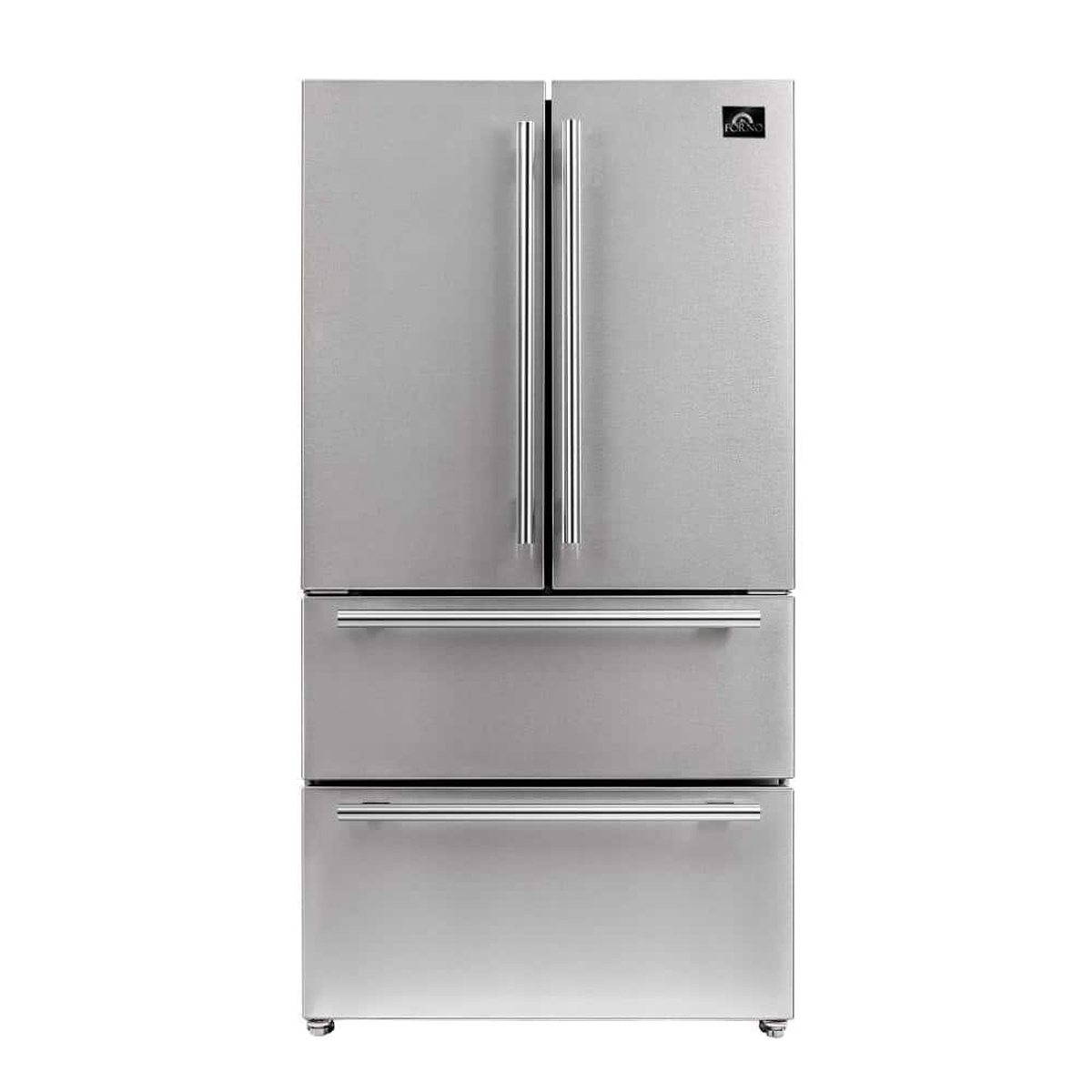 Front view of the Forno stainless steel French door refrigerator with long bar handles and two lower drawers.