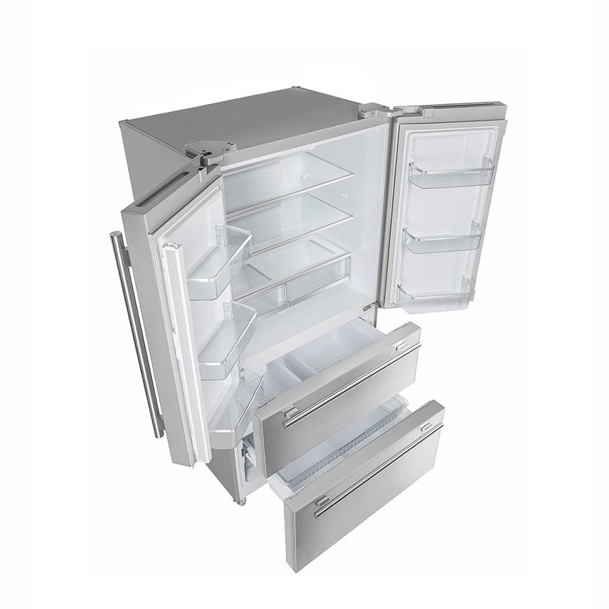 Open view of the Forno refrigerator showing glass shelves, door bins, and two bottom freezer drawers.
