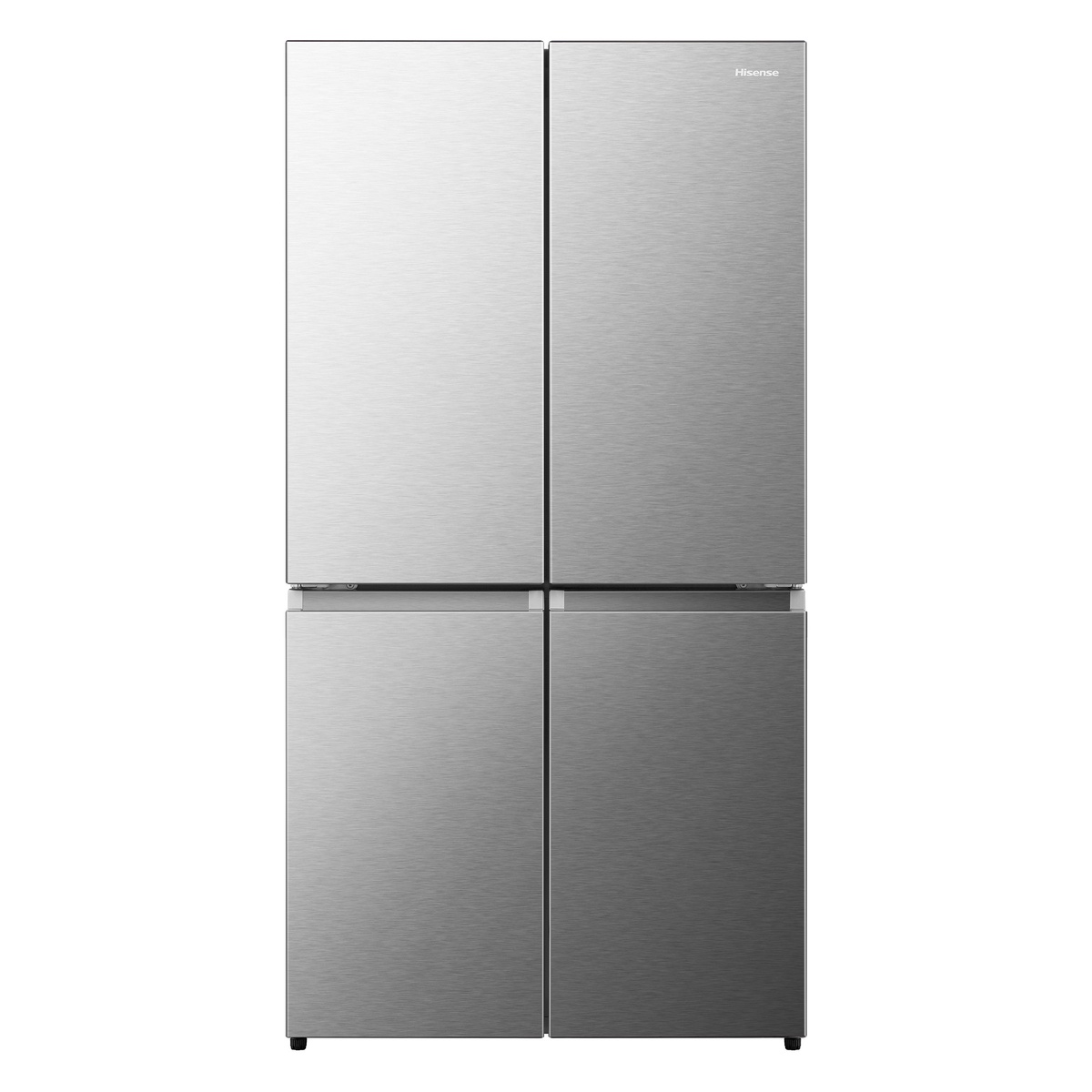 Front view of a stainless steel Hisense 4-door refrigerator with flat doors and a minimalist design