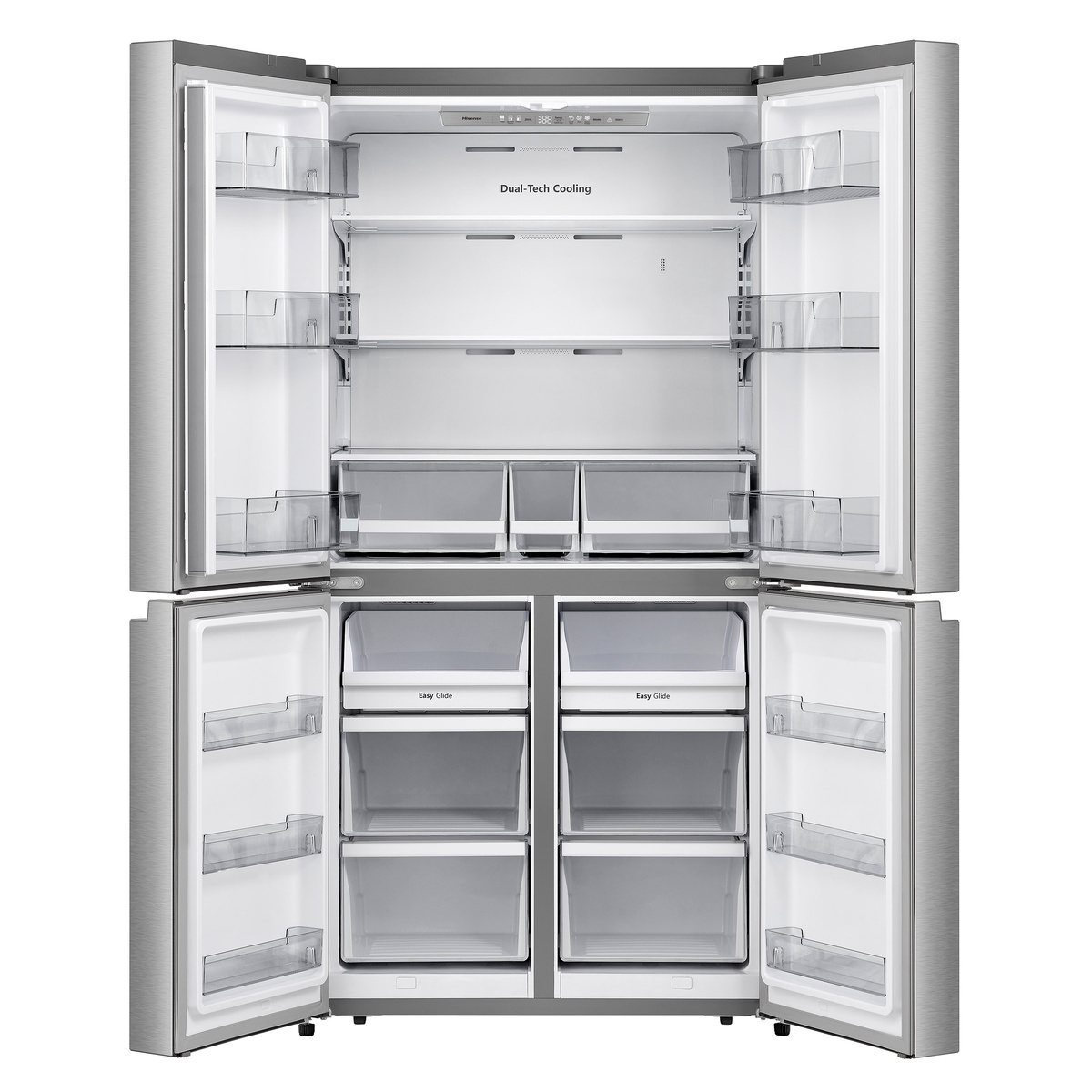 Open Hisense 4-door refrigerator showing the interior with an electronic touch control panel, glass shelves, door bins, and lower compartments
