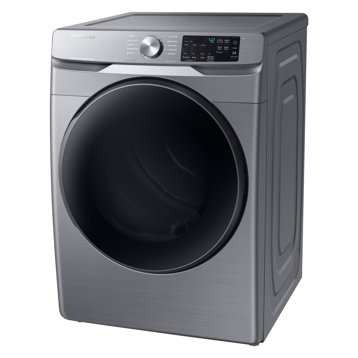 Angled view of the Samsung Platinum front-load electric dryer with a large dark door and top control panel