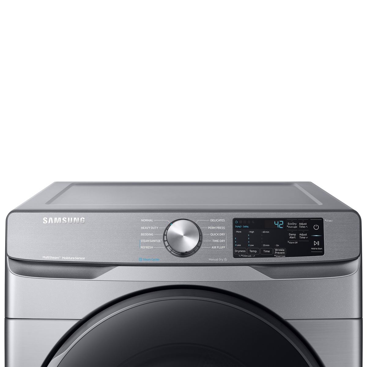 Close-up of the Samsung dryer control panel showing the cycle dial, LED display, and labeled buttons including Eco Dry, Damp Alert, and Wrinkle Prevent