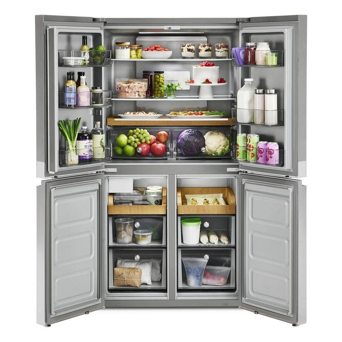 KitchenAid 4-door refrigerator shown open with shelves, door bins, crisper drawers, and two lower freezer compartments with trays