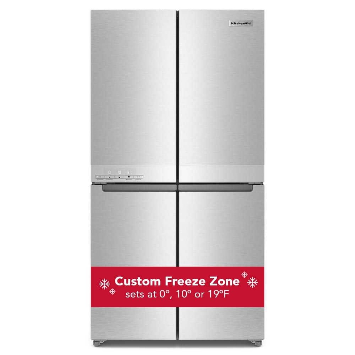 Front view of a stainless KitchenAid 4-door counter-depth refrigerator with a Custom Freeze Zone callout