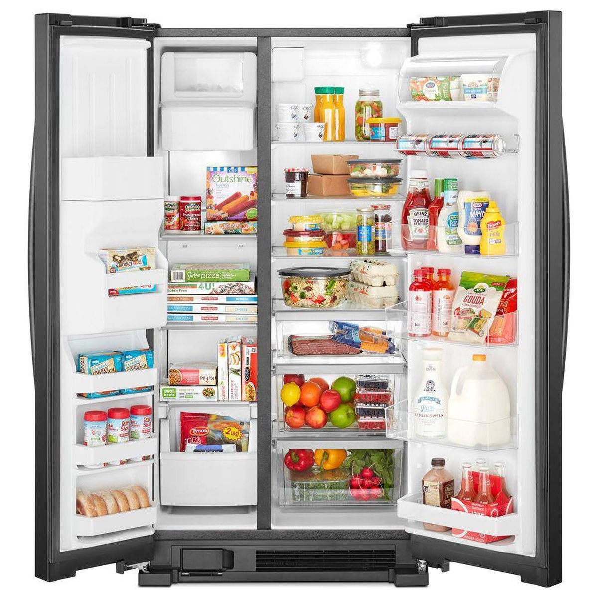 Open Whirlpool side-by-side refrigerator showing shelves, door bins, deli drawer, and produce drawers