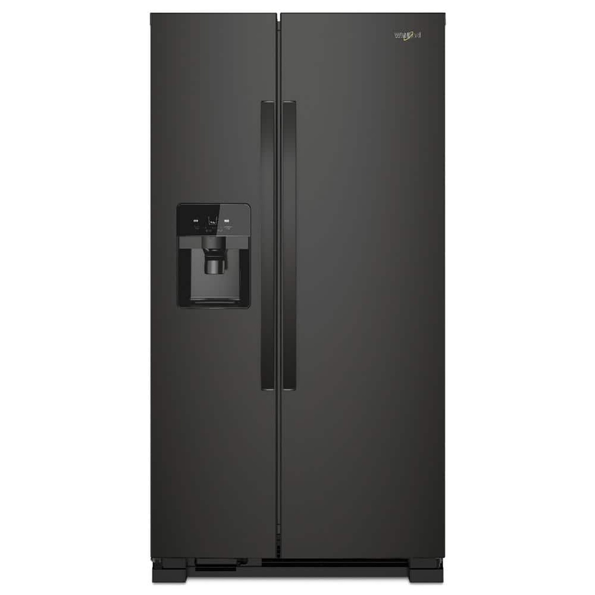 Front view of a black Whirlpool side-by-side refrigerator with external ice and water dispenser