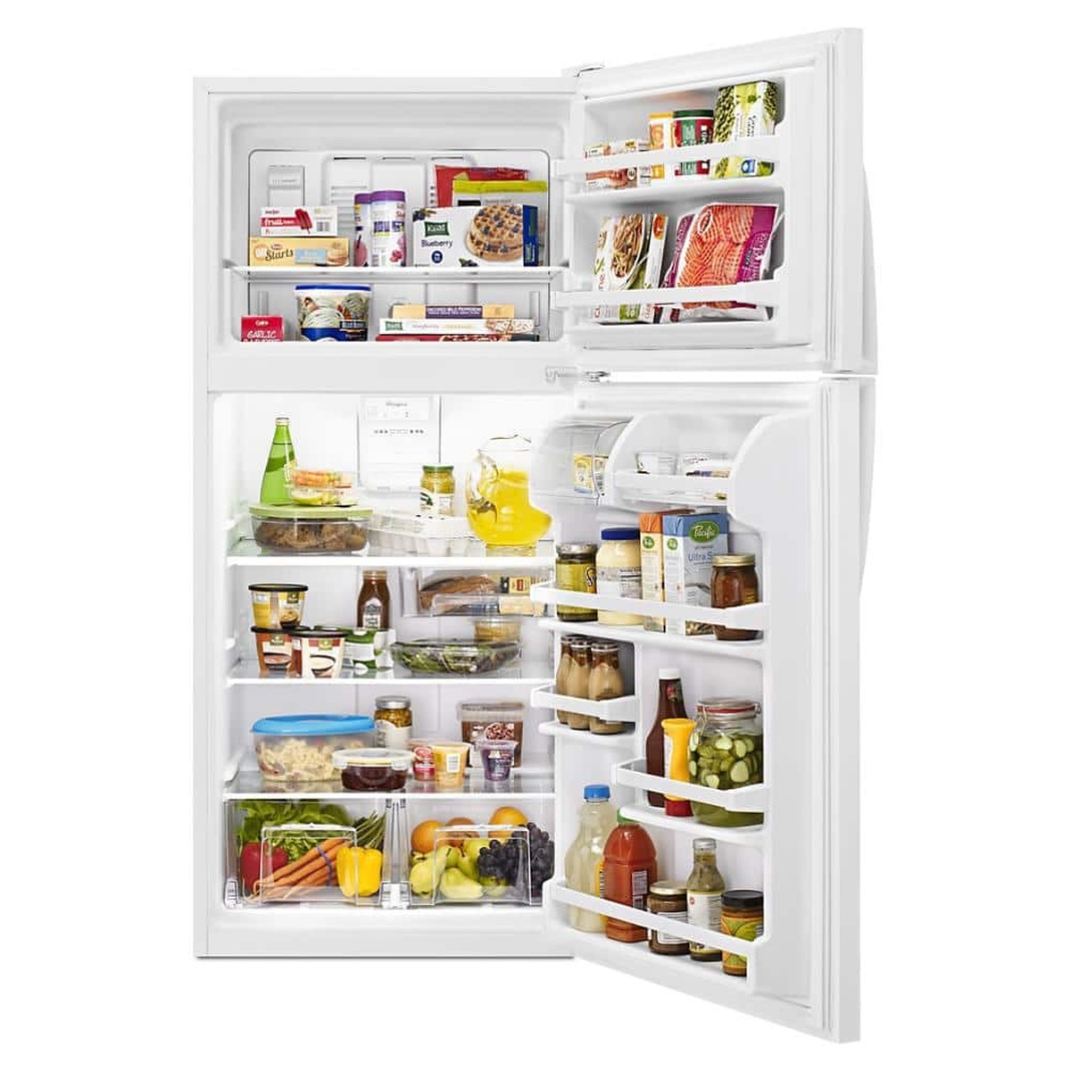 Open Whirlpool top-freezer refrigerator stocked with food, showing glass shelves, door bins, and crisper drawers