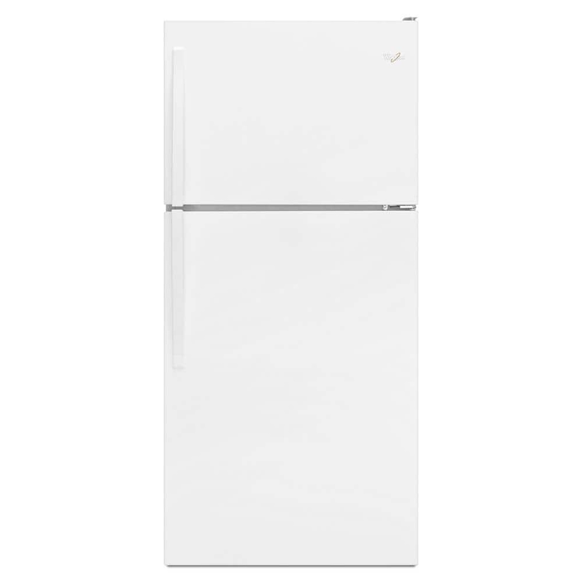 Front view of a white Whirlpool top-freezer refrigerator