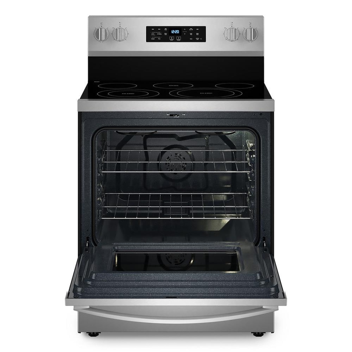 Whirlpool freestanding electric range with the oven door open, showing the oven cavity with two racks