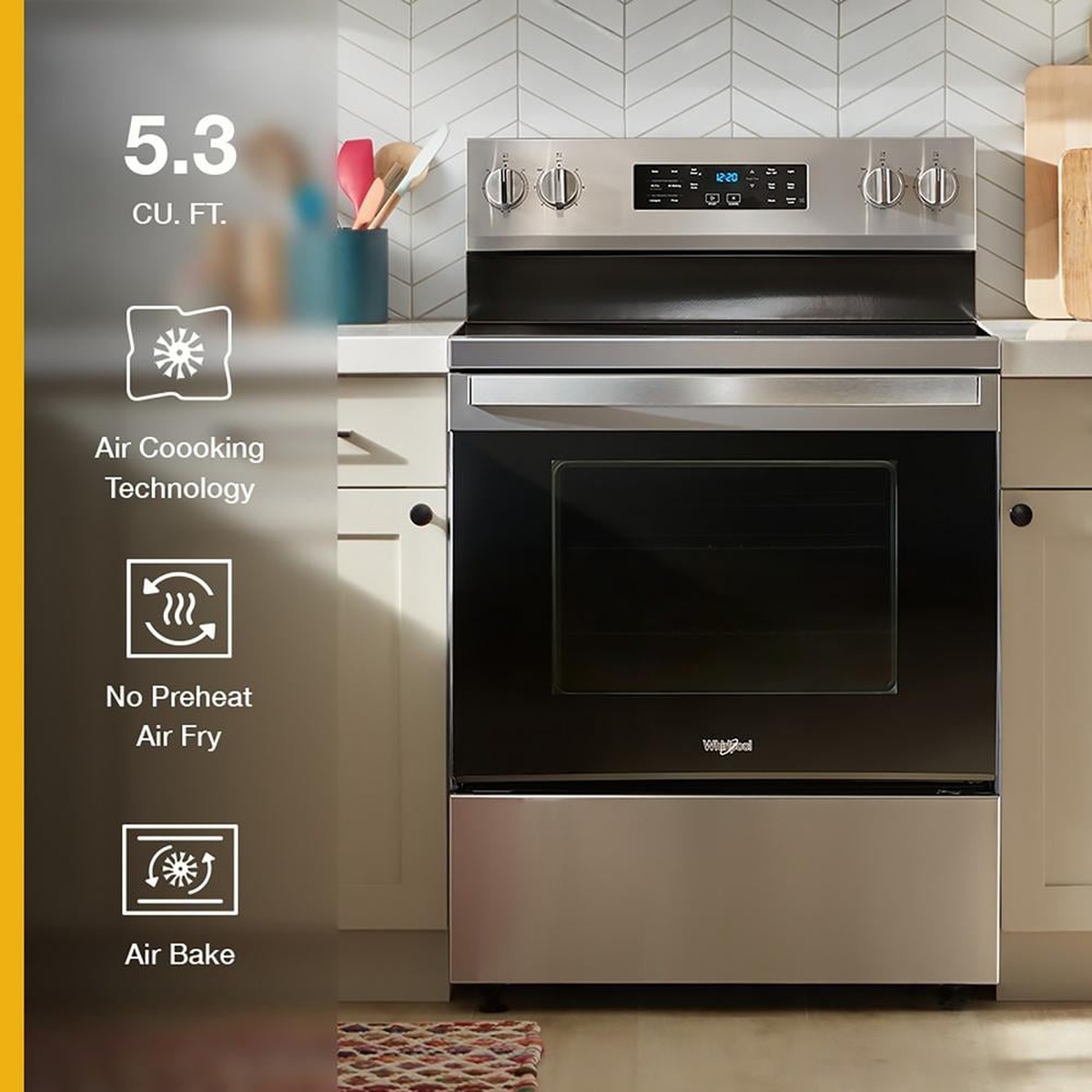 Whirlpool electric range in a kitchen with on-image callouts for 5.3 cu. ft., Air Cooking Technology, No Preheat Air Fry, and Air Bake