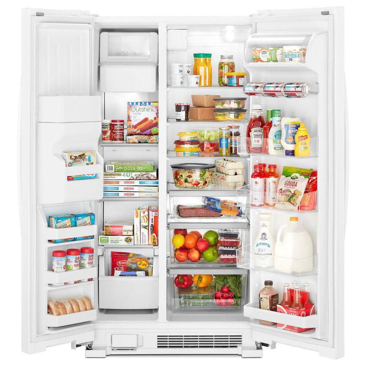Whirlpool side-by-side refrigerator with both doors open showing shelves, door bins, crisper drawers, and interior lighting