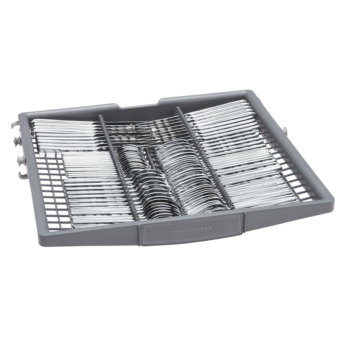 Close-up of the dishwasher third rack loaded with cutlery
