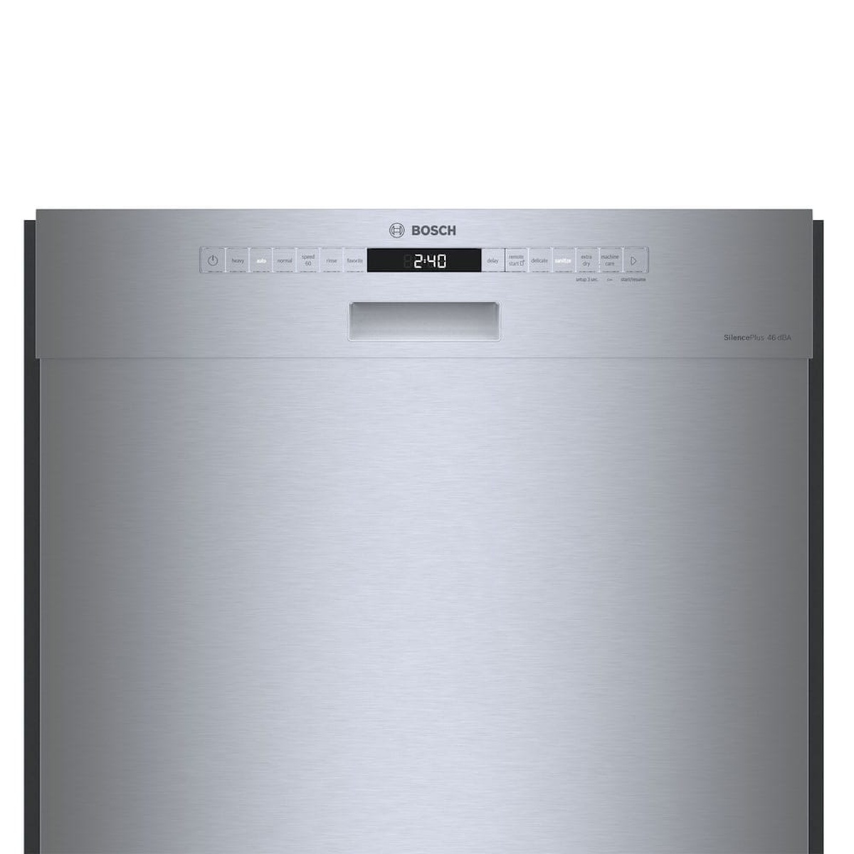 Close-up of the Bosch dishwasher top control panel with digital time display