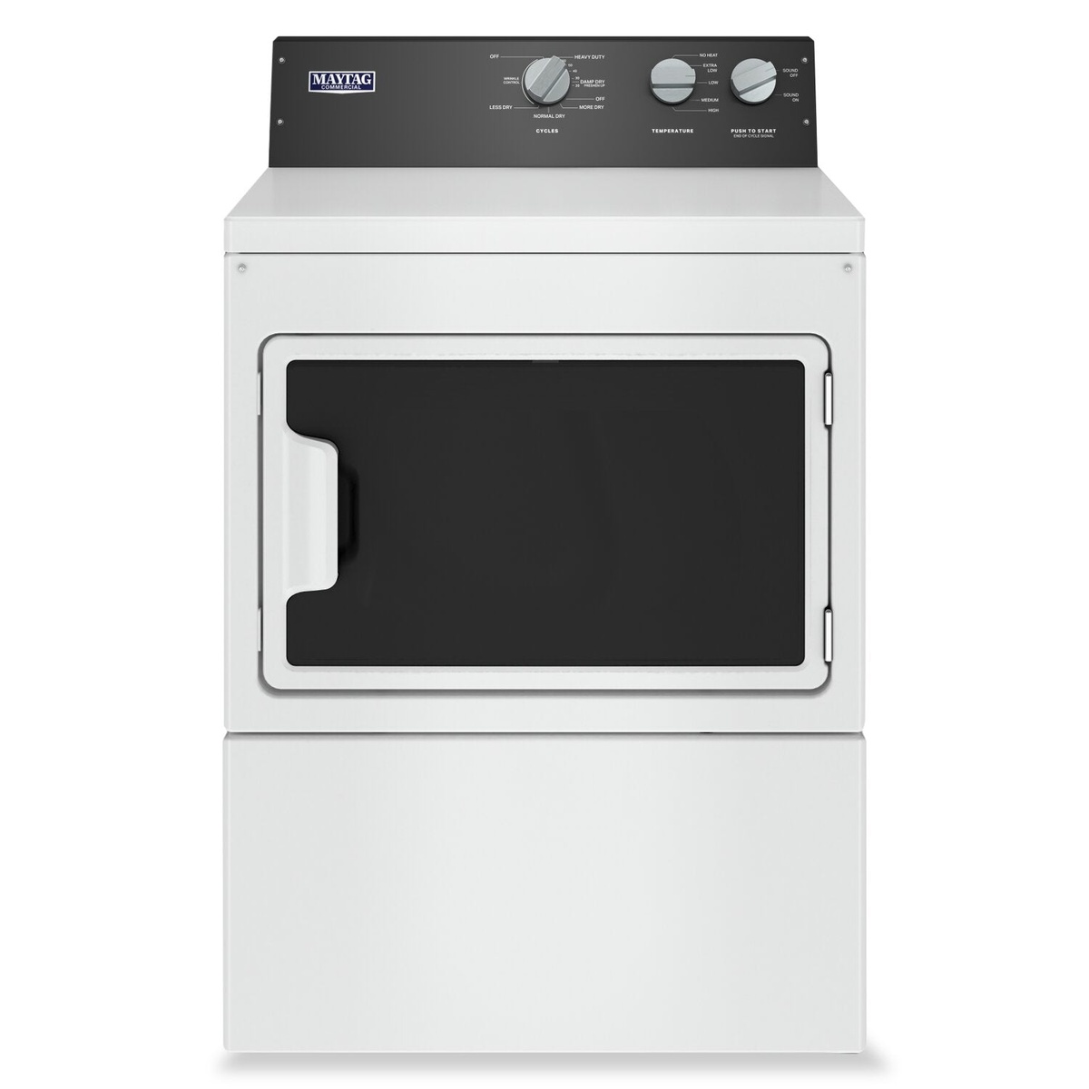Front view of a white Maytag Commercial electric dryer with a black control panel and solid door.