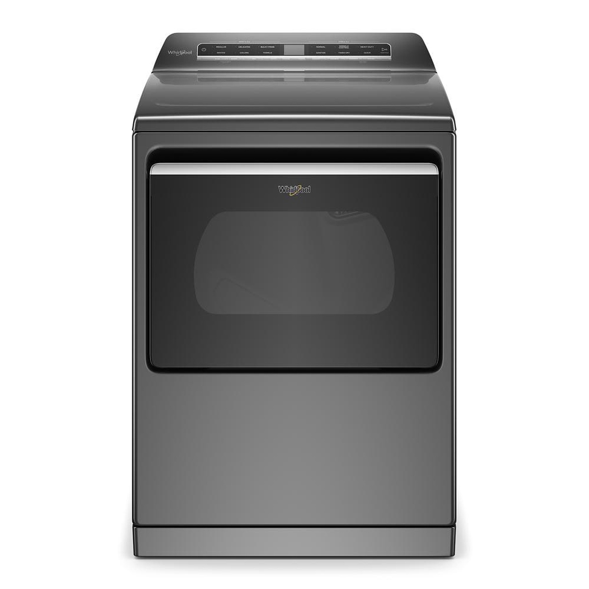 Front view of a Whirlpool gas dryer in Chrome Shadow finish with a windowed hamper-style door and top control panel.