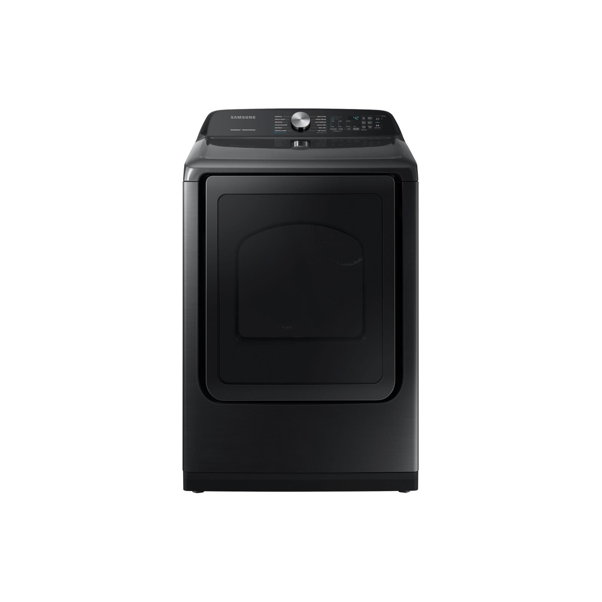 Front view of a Samsung black stainless electric dryer with a top control panel and tinted door window