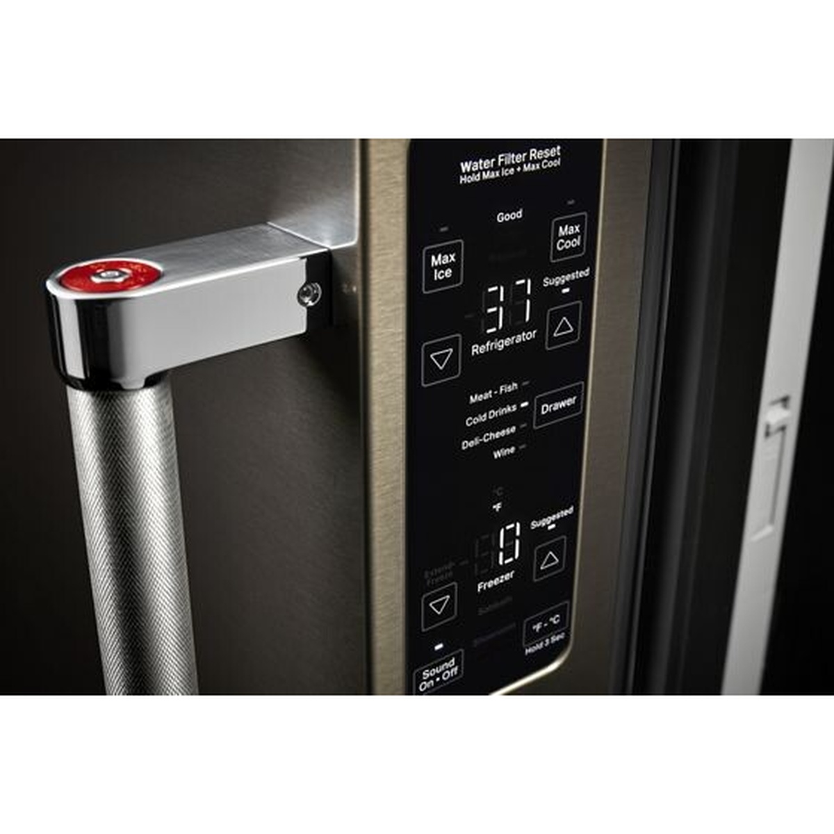 Close-up of the refrigerator's exterior temperature and dispenser control panel showing Max Ice, Max Cool, and temperature settings