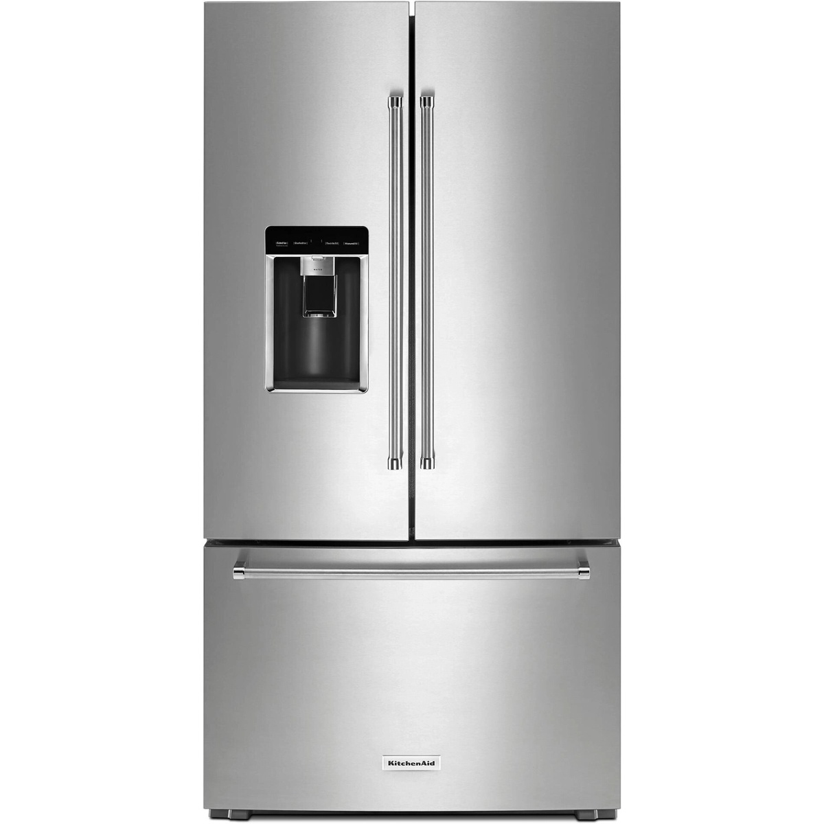 Front view of a stainless steel KitchenAid French door refrigerator with an exterior ice and water dispenser and bottom freezer drawer