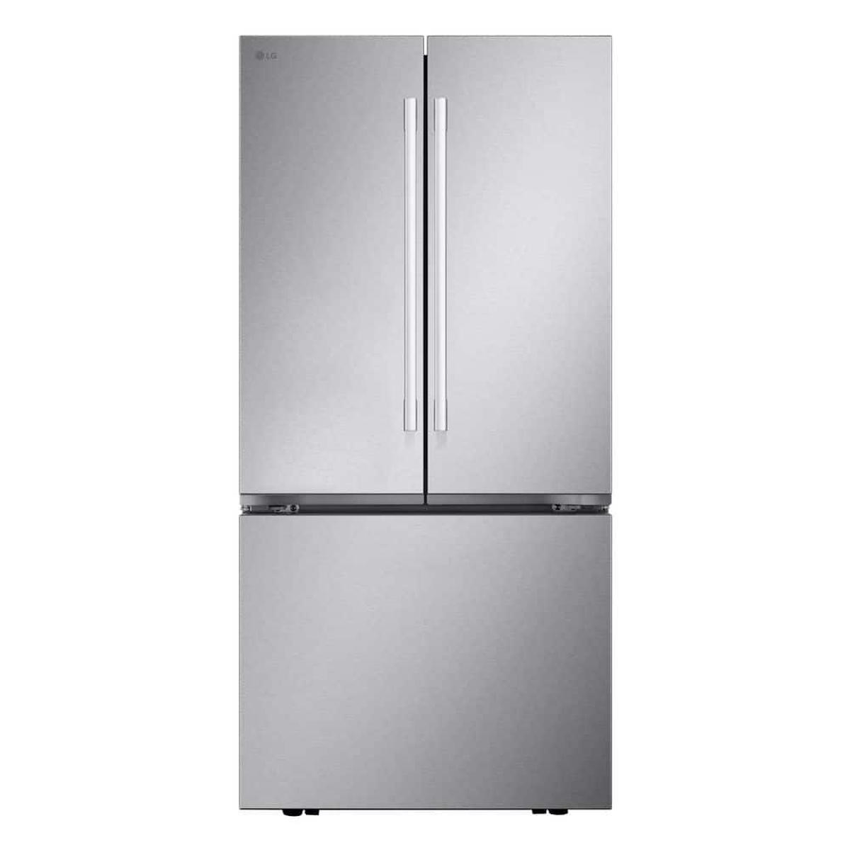 Front view of the LG 3-door French door refrigerator with bar handles and a smooth stainless-look finish
