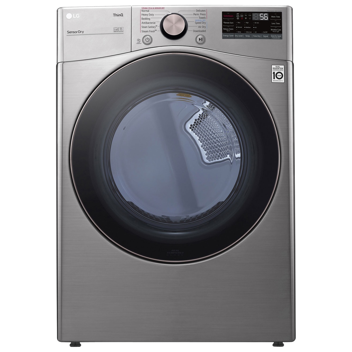 Front view of the LG DLEX3850V dryer in graphite steel showing the cycle dial and digital control panel
