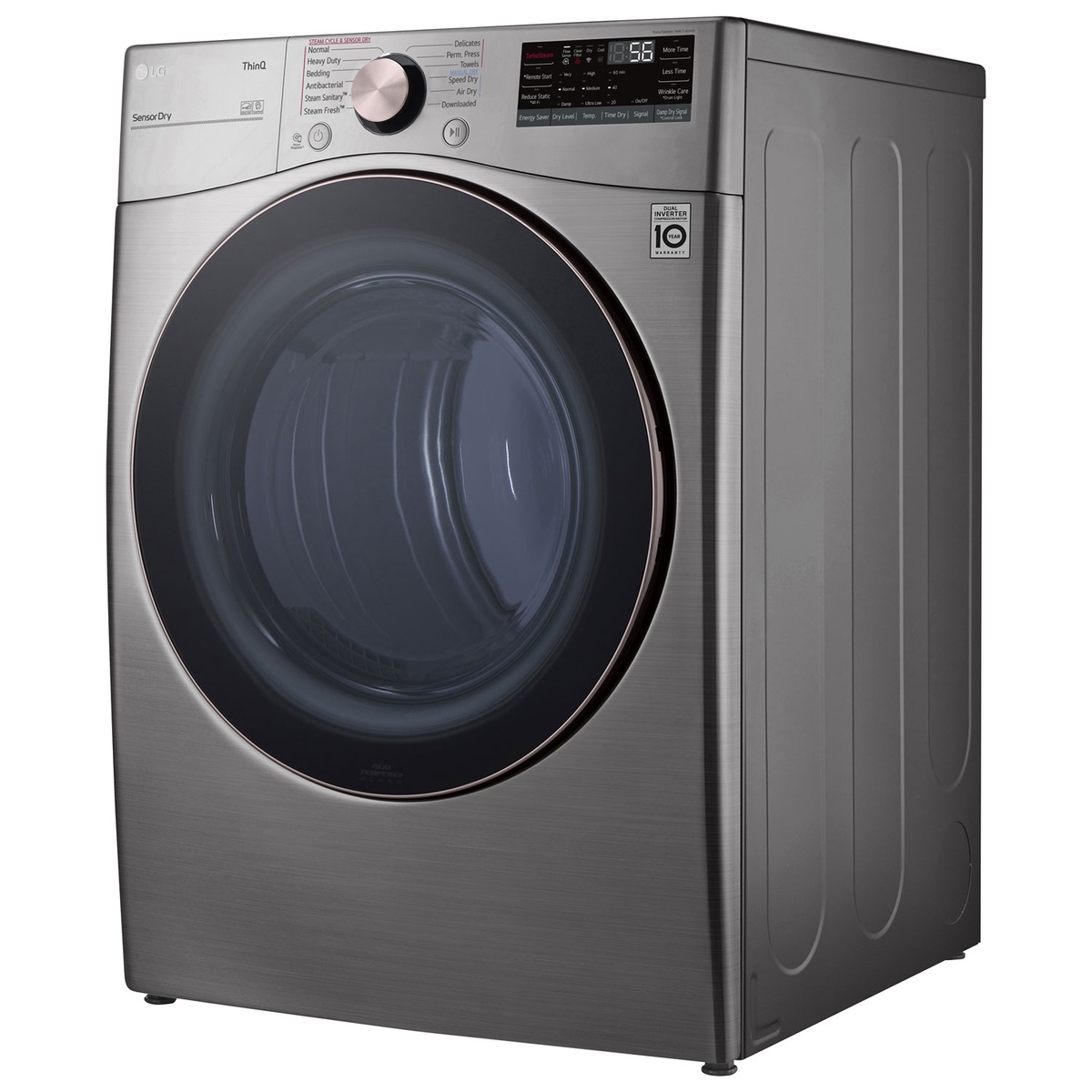 Angled view of the LG DLEX3850V dryer highlighting the graphite steel finish and large round door