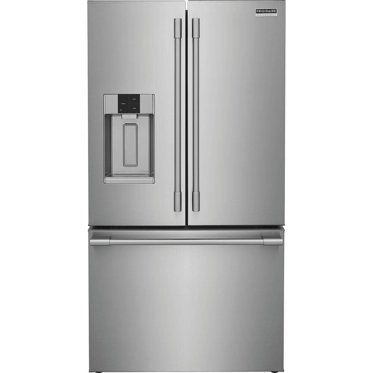 Front view of a Frigidaire Professional stainless steel French door refrigerator with external water and ice dispenser and bottom freezer drawer