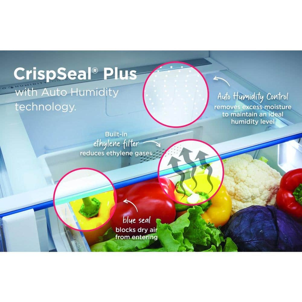 Close-up of a refrigerator produce drawer with CrispSeal Plus Auto Humidity technology callouts and an ethylene filter shown