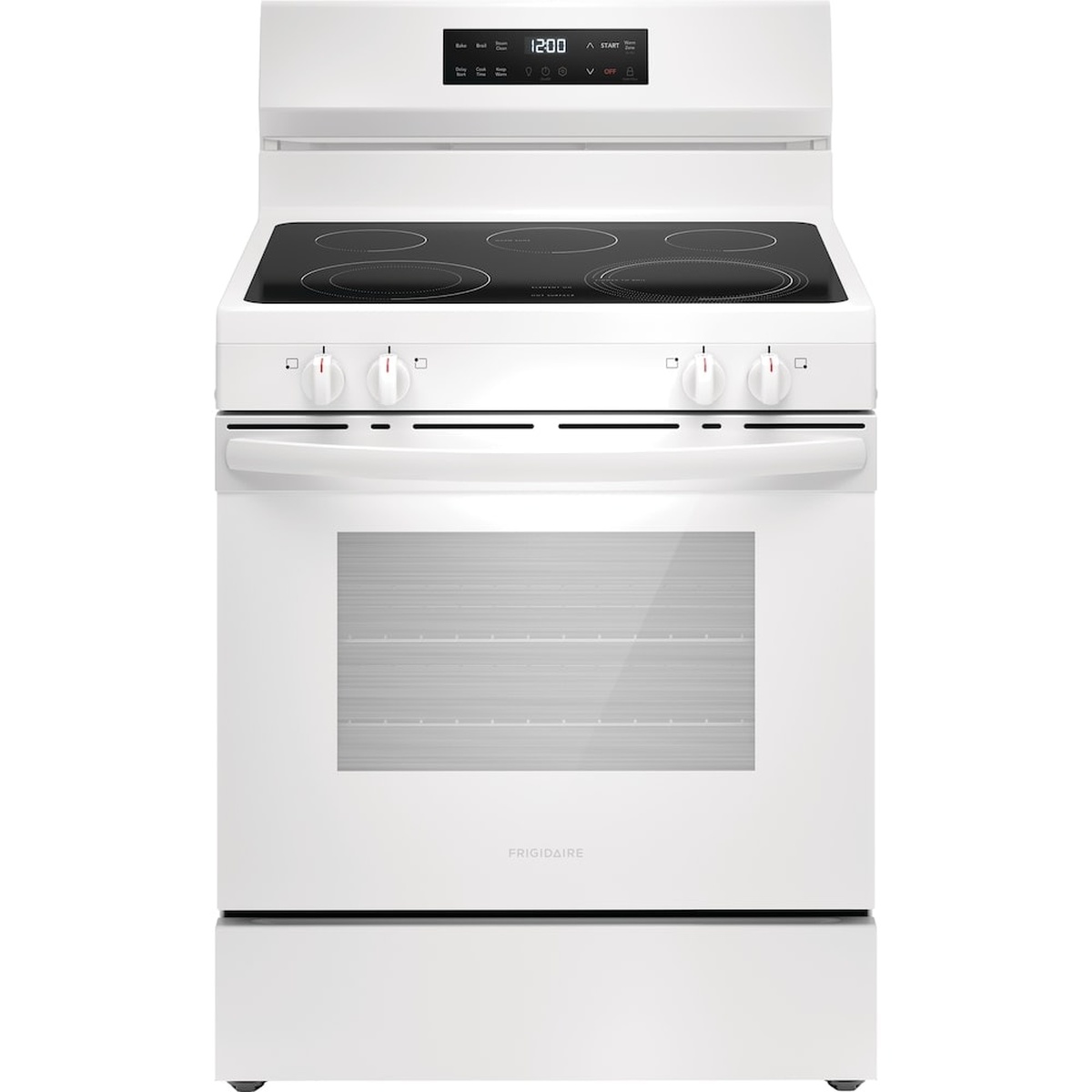 Front view of a white Frigidaire freestanding electric range with a black glass cooktop, backguard digital display, and oven viewing window