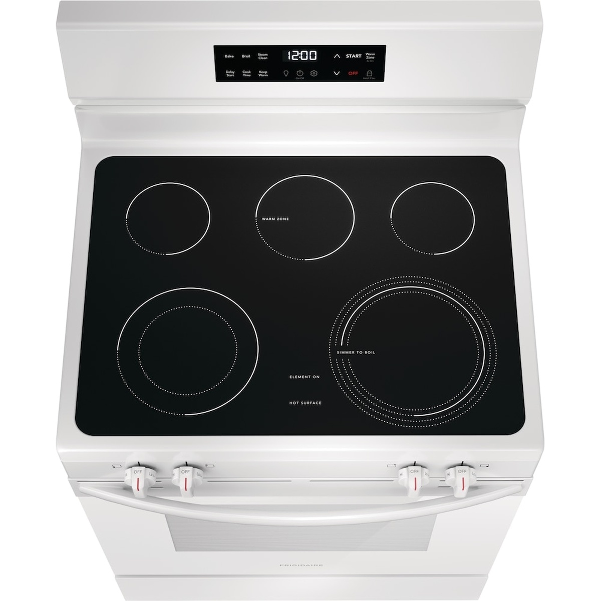 Angled top view of the black smooth glass cooktop on a white Frigidaire range showing five cooking zones including a warm zone and a dual expandable element