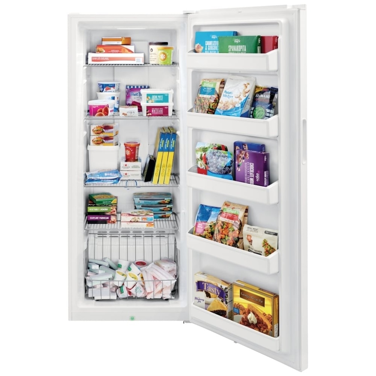 Open Frigidaire upright freezer showing wire shelves, a lower wire basket, and multiple door bins filled with frozen foods