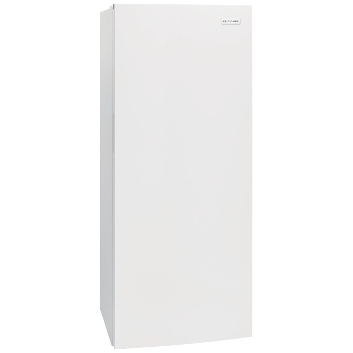 Angled front view of a white Frigidaire upright freezer with a smooth door and Frigidaire badge