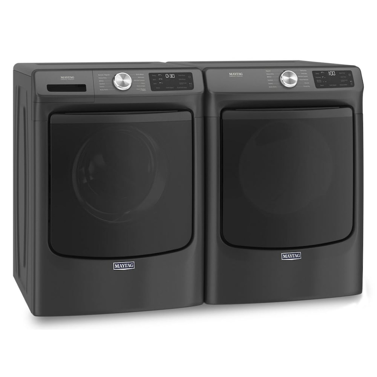Maytag black front load washer and matching dryer displayed side by side