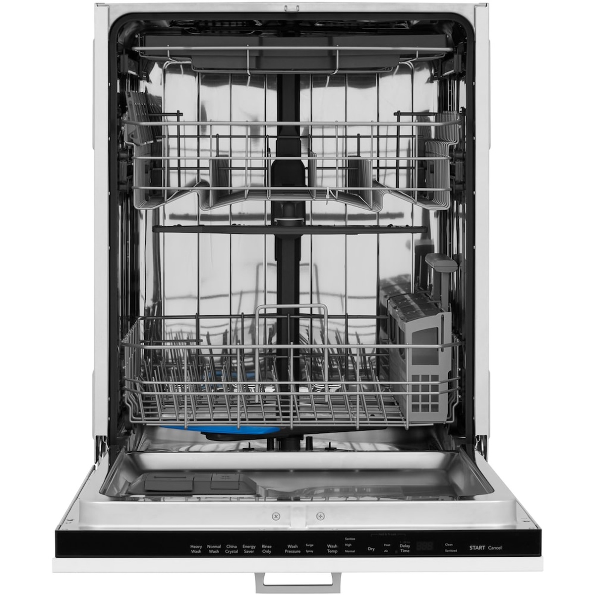 Open dishwasher showing stainless steel tub, three racks including a third rack, and top control panel on the door