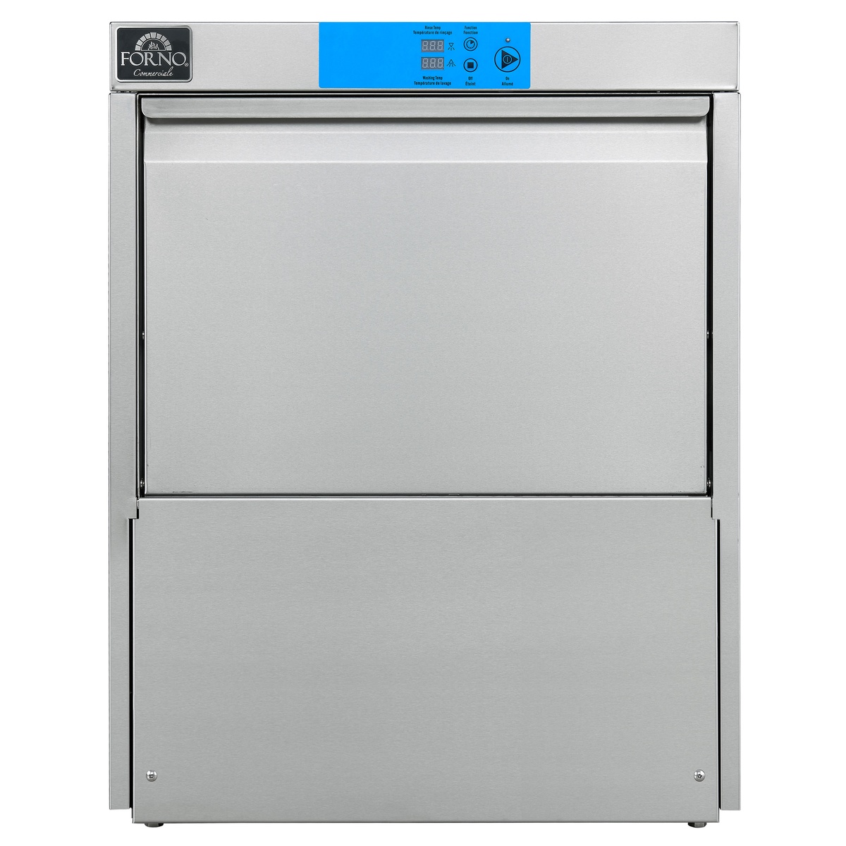 Front view of the Forno Commerciale stainless steel under-counter dishwasher with blue control panel