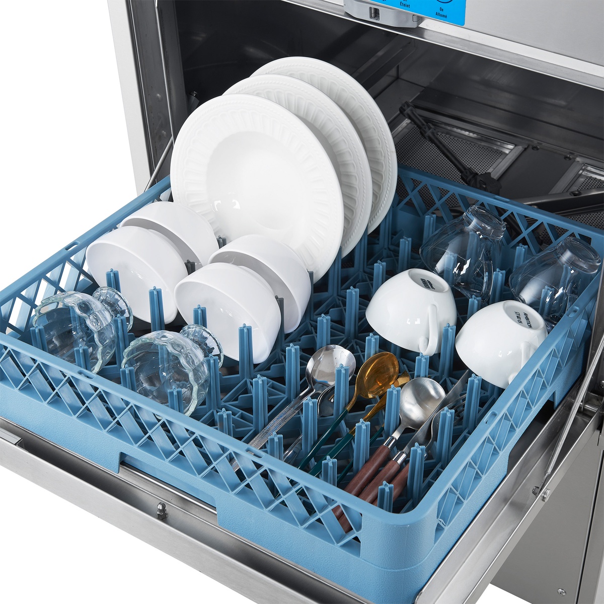 Dish rack loaded with plates, bowls, glasses, and utensils in the Forno under-counter dishwasher