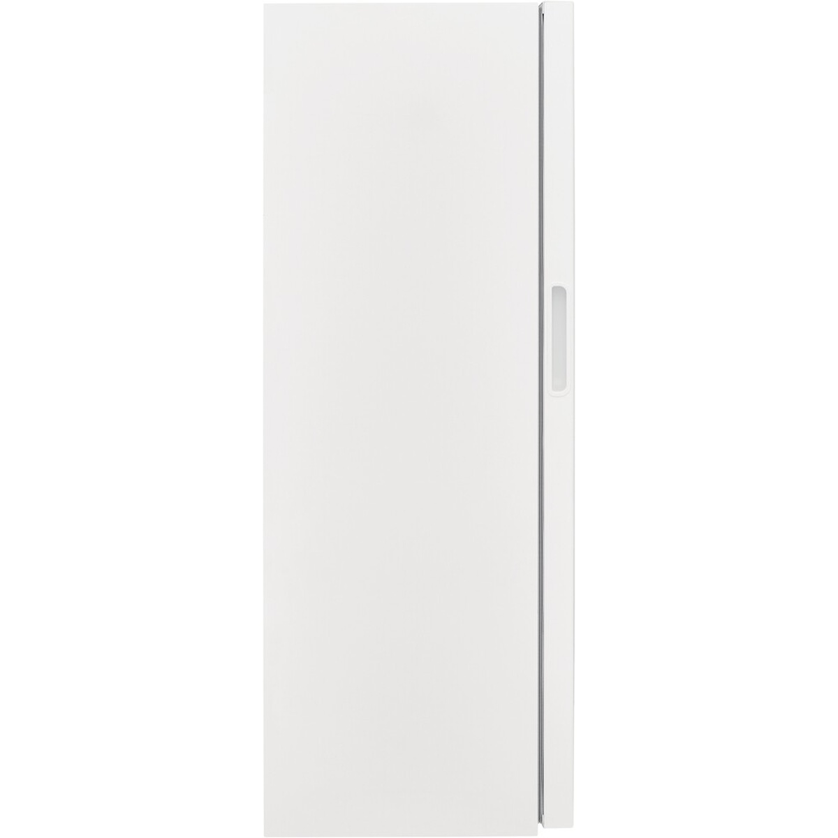 Side view of a white Frigidaire upright freezer showing the smooth door and recessed handle