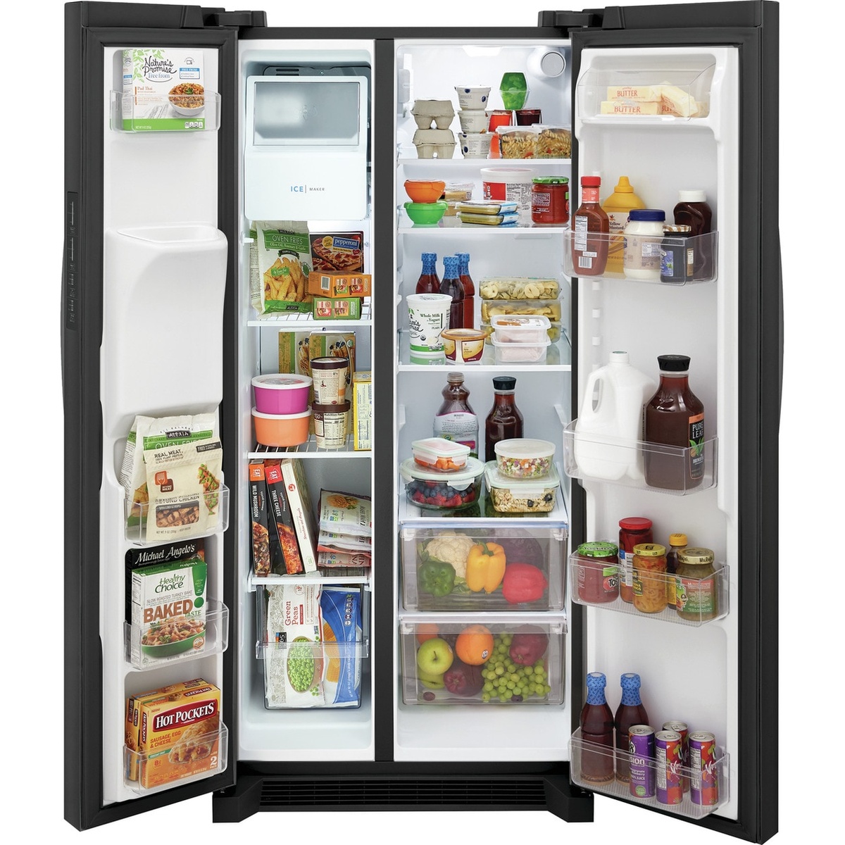 Open Frigidaire side-by-side refrigerator showing shelves, door bins, crispers, and the in-freezer ice maker