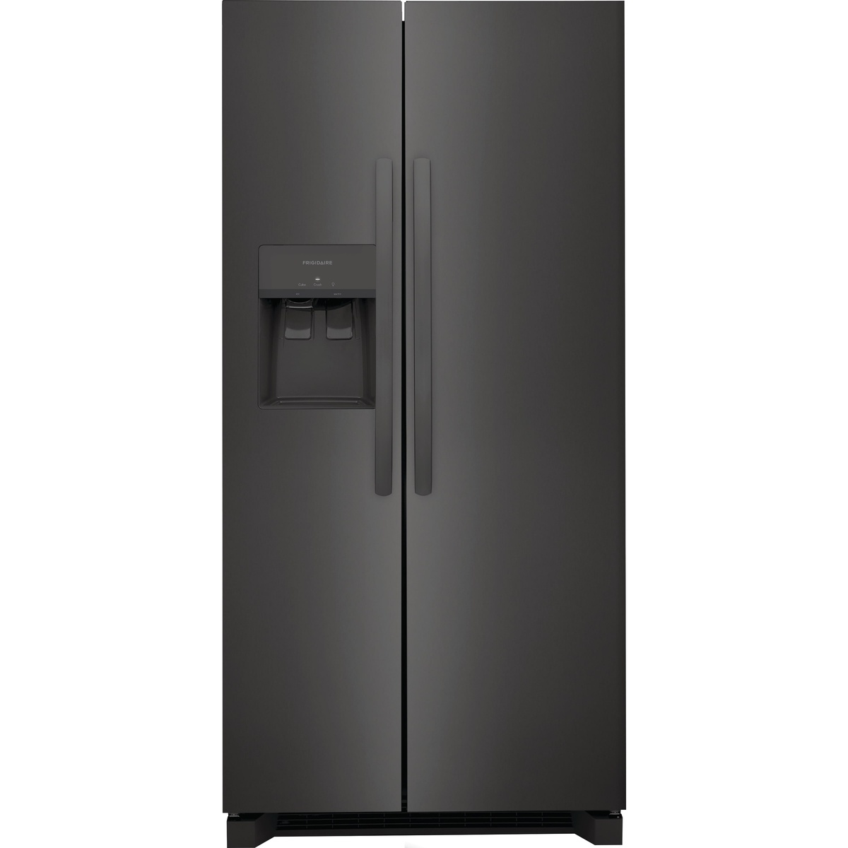 Front view of a black stainless steel Frigidaire side-by-side refrigerator with an external ice and water dispenser