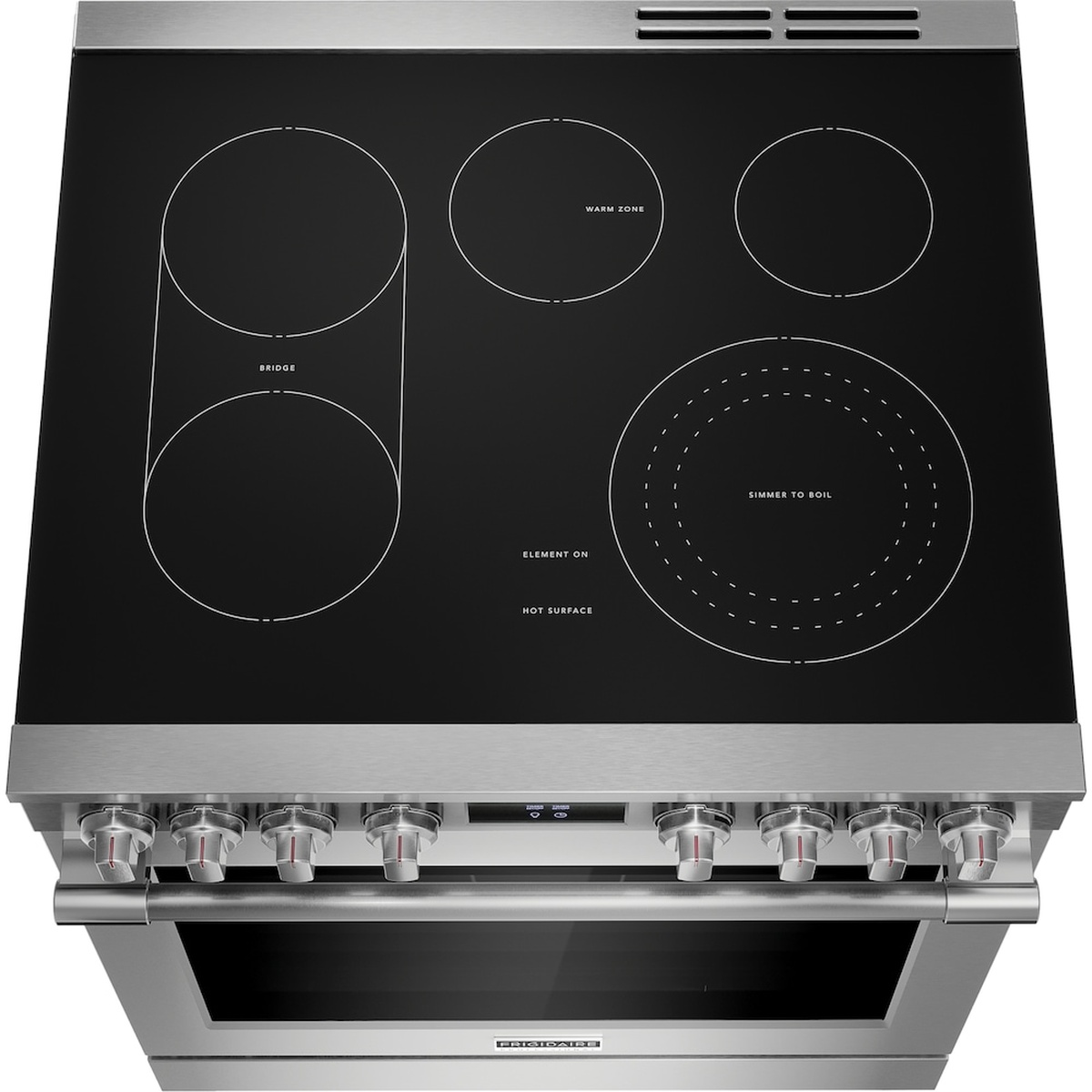 Top-down view of the black glass electric cooktop showing five radiant elements, including a labeled bridge area and a warm zone