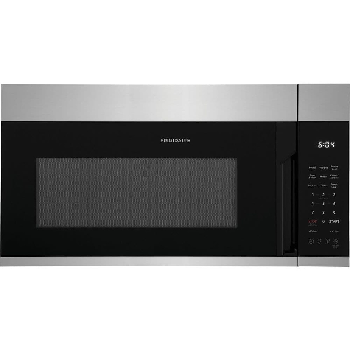 Front view of a Frigidaire over-the-range microwave with a black glass door, stainless trim, and a right-side touch control panel.
