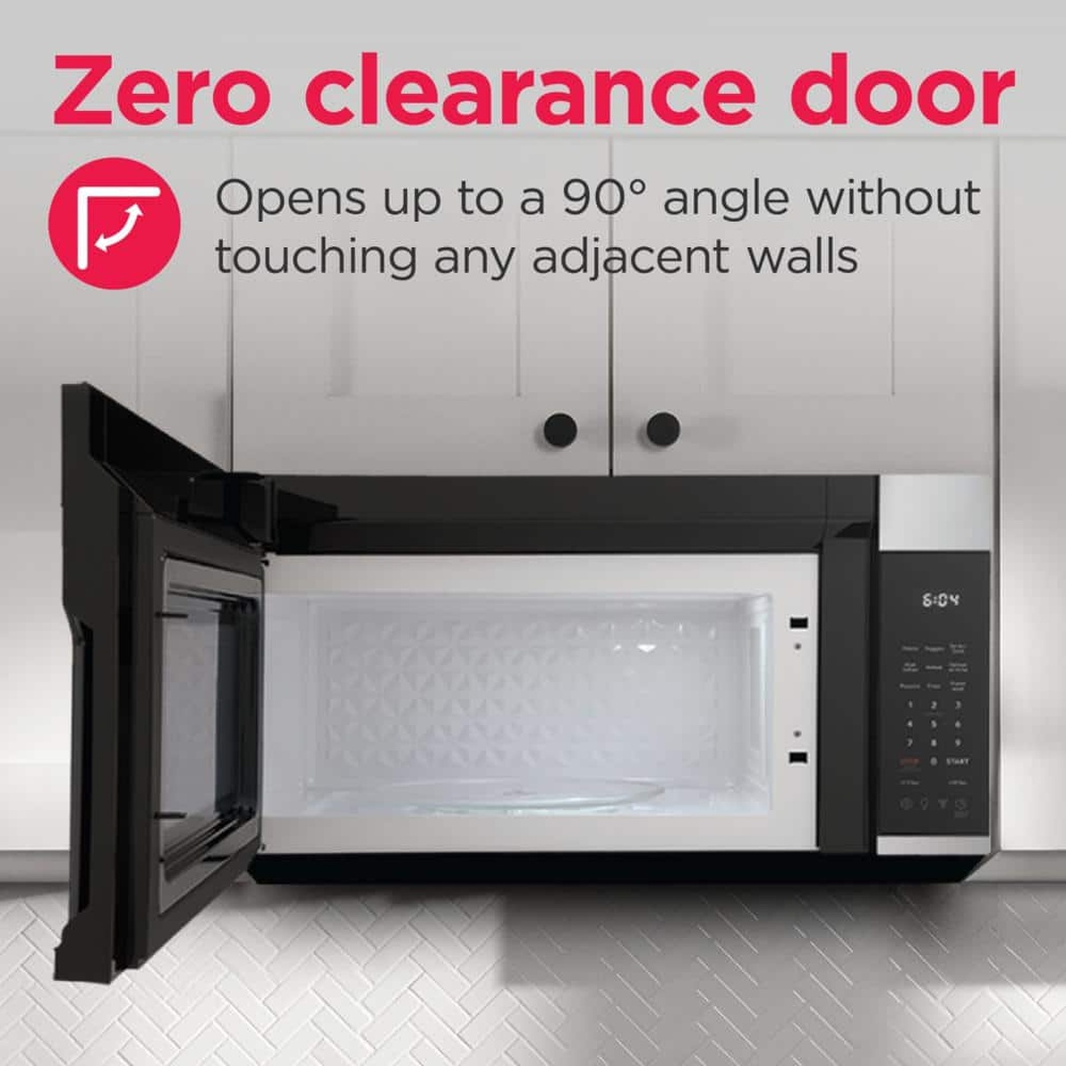 Over-the-range microwave shown installed with the door open; text callout highlights a zero-clearance door that opens up to 90 degrees.