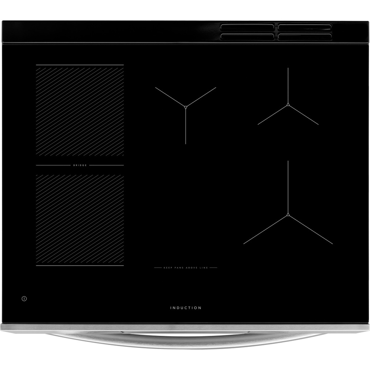 Top-down view of the black glass induction cooktop with multiple cooking zones and a bridge area